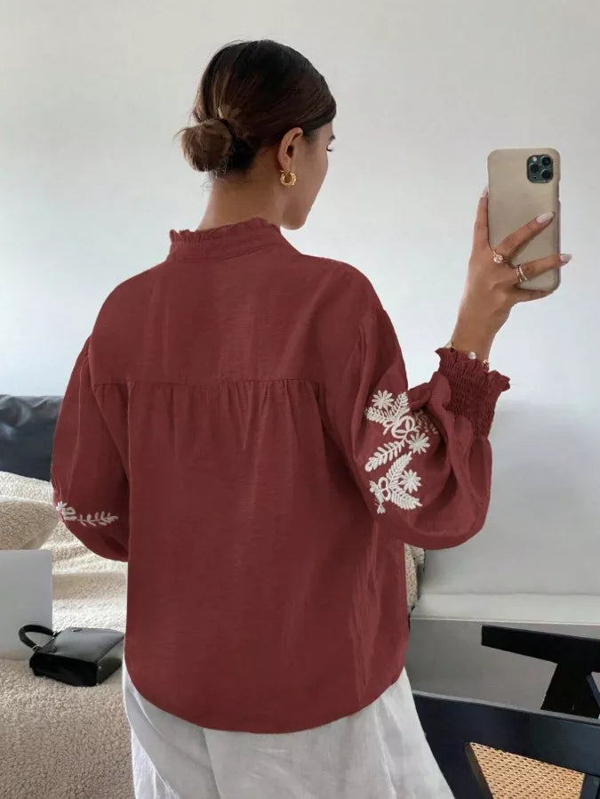 Embroidered Notched Long Sleeve Blouse - -