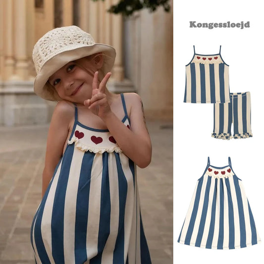 Blue Striped Sleeveless Dress and Camisole Shorts Sets