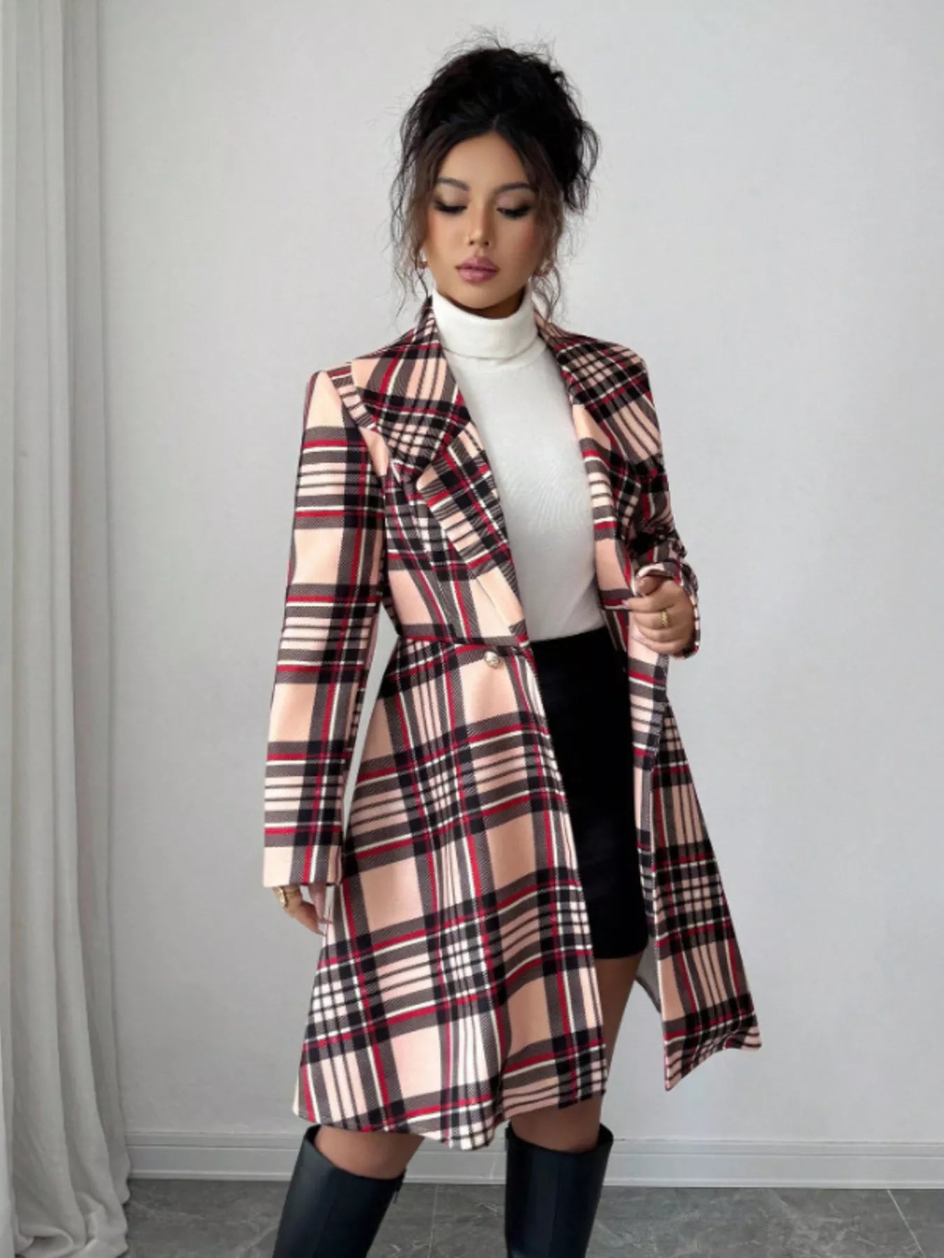 Plaid Button Up Long Sleeve Coat - Plaid -