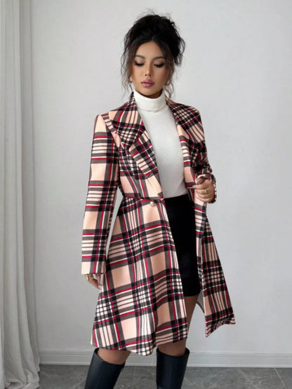 Plaid Button Up Long Sleeve Coat - Plaid -