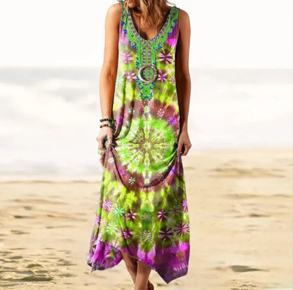 Vintage Mandala Printed Tie-Dye Floral Long Maxi Dress