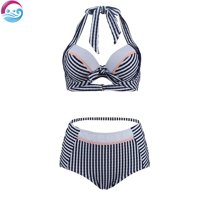 Jacquard High Waist Underwire Gathered Striped Swimwear Women's Bathing Suit