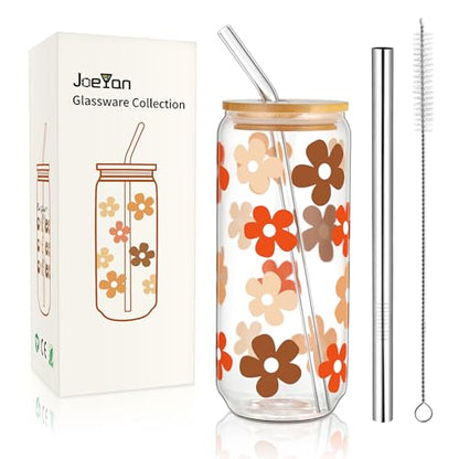 Joeyan 20 oz Glass With Bamboo Lid and Straw - Floral Pattern - drinkware