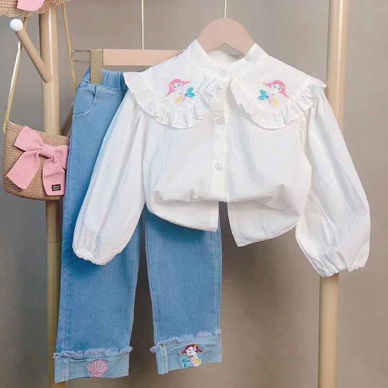 Long Sleeve Shirt and Jeans 2pc Set white blue