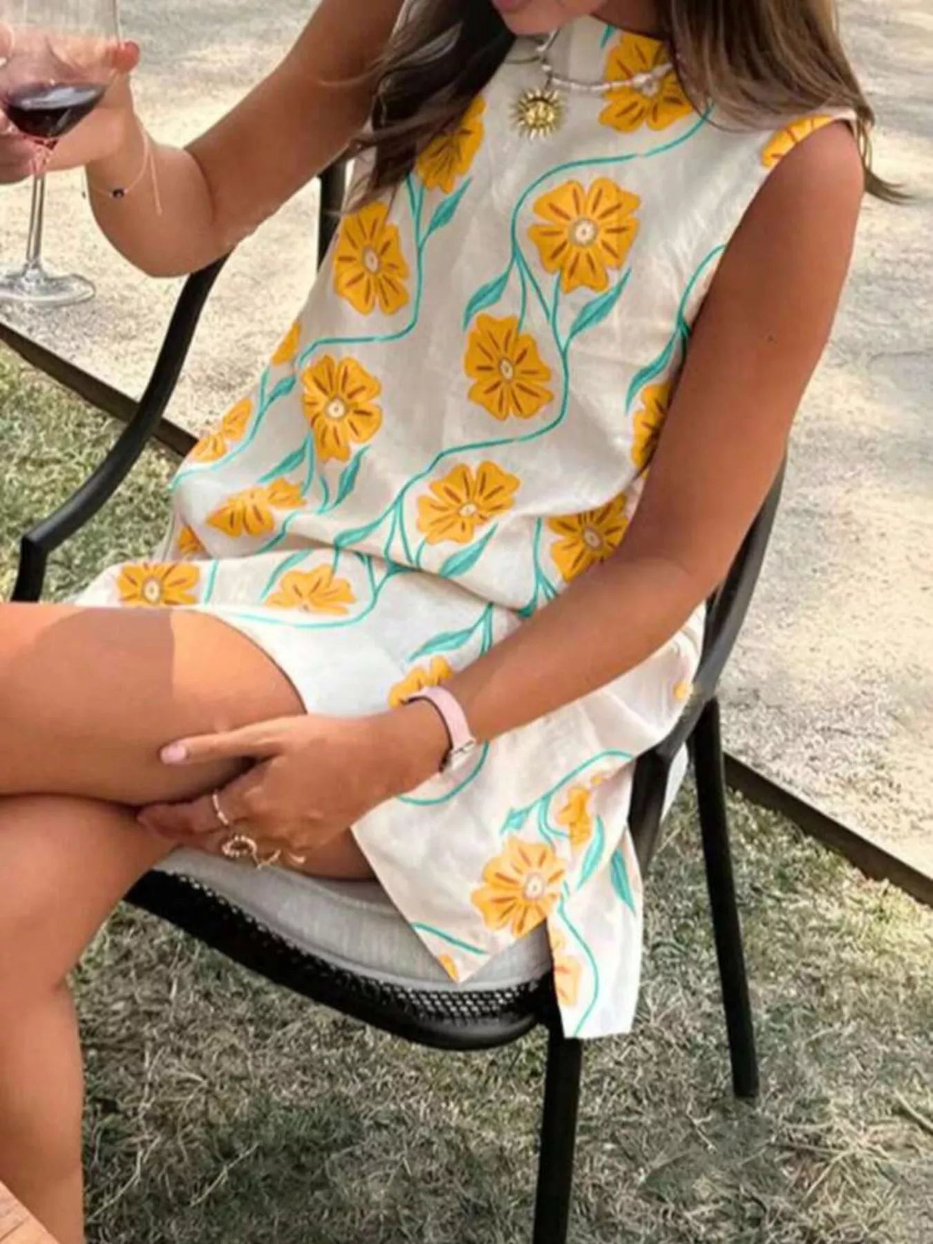 Floral Pattern Sleeveless Mini Dress - -