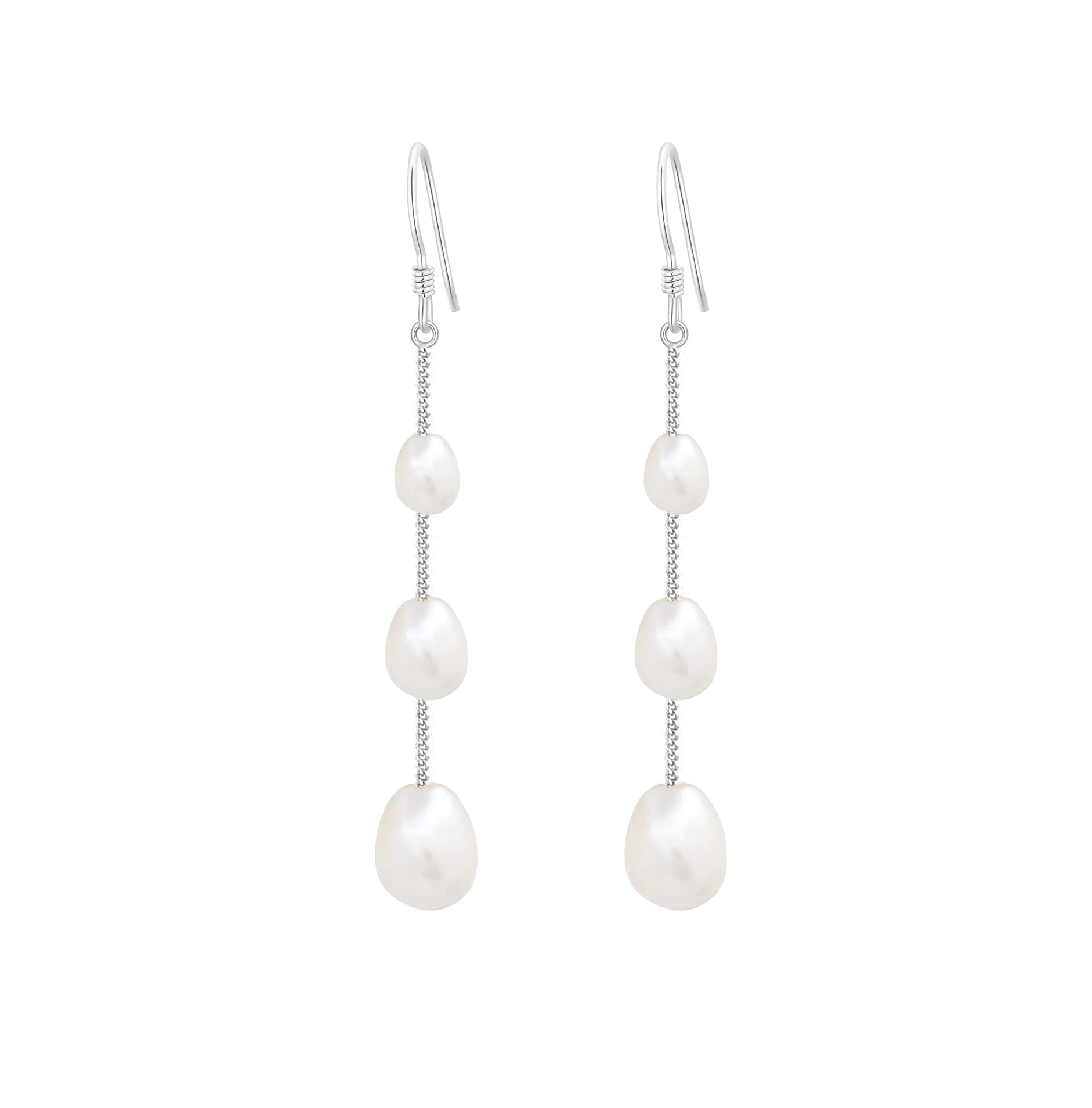 Elegant Pearl Silver Threader Earrings - - earrings