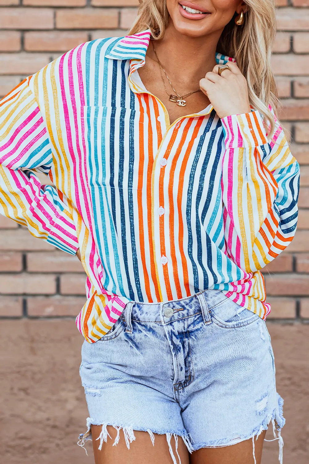 Striped Collared Neck Long Sleeve Shirt - Stripe -