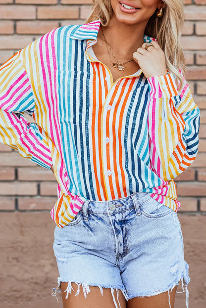 Striped Collared Neck Long Sleeve Shirt - Stripe -