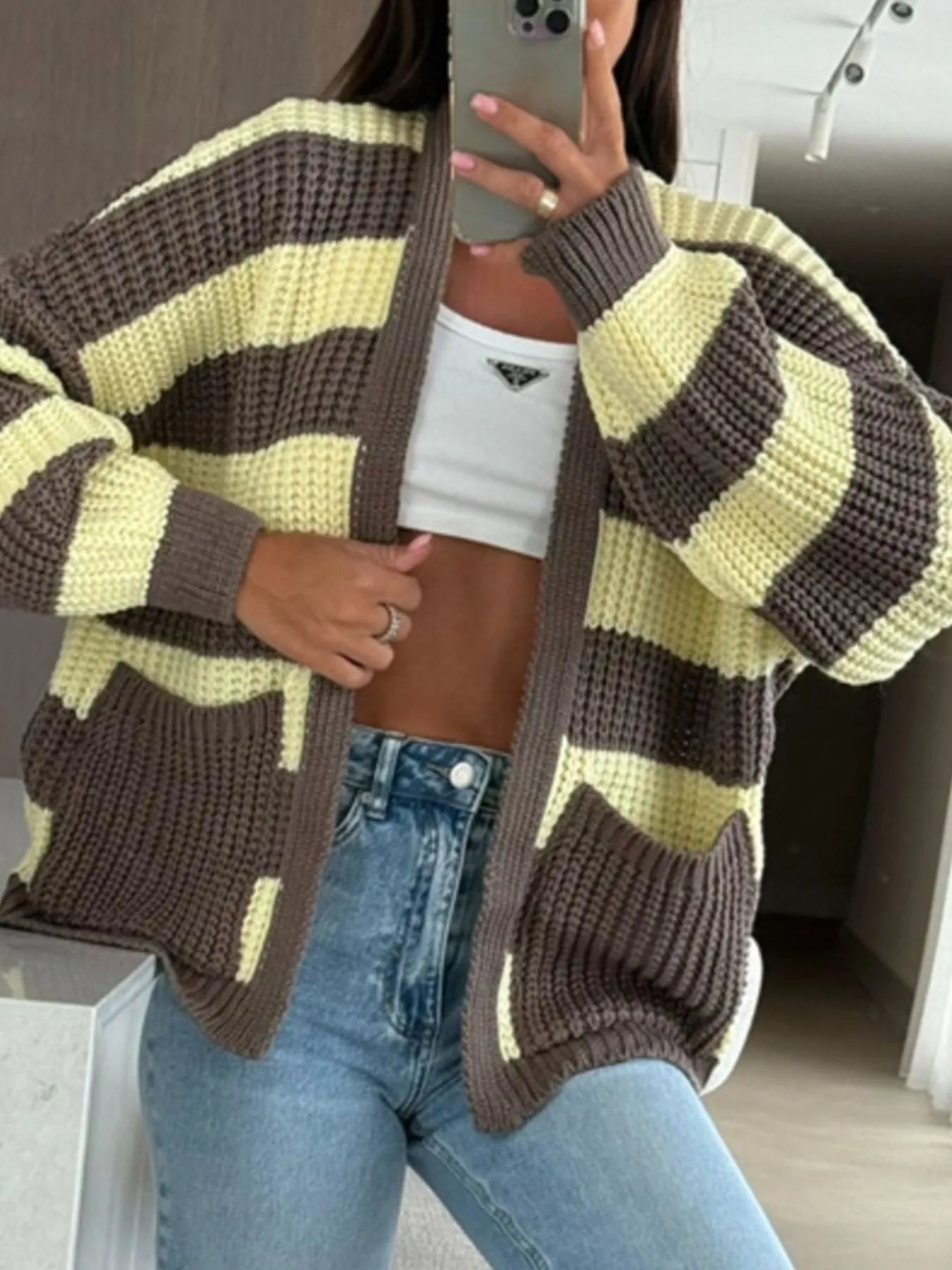 Striped Open Front Long Sleeve Cardigan - -