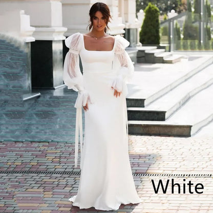 Chic Satin Mermaid Bridal Gown with Puff Sleeves - White Size8 - dress