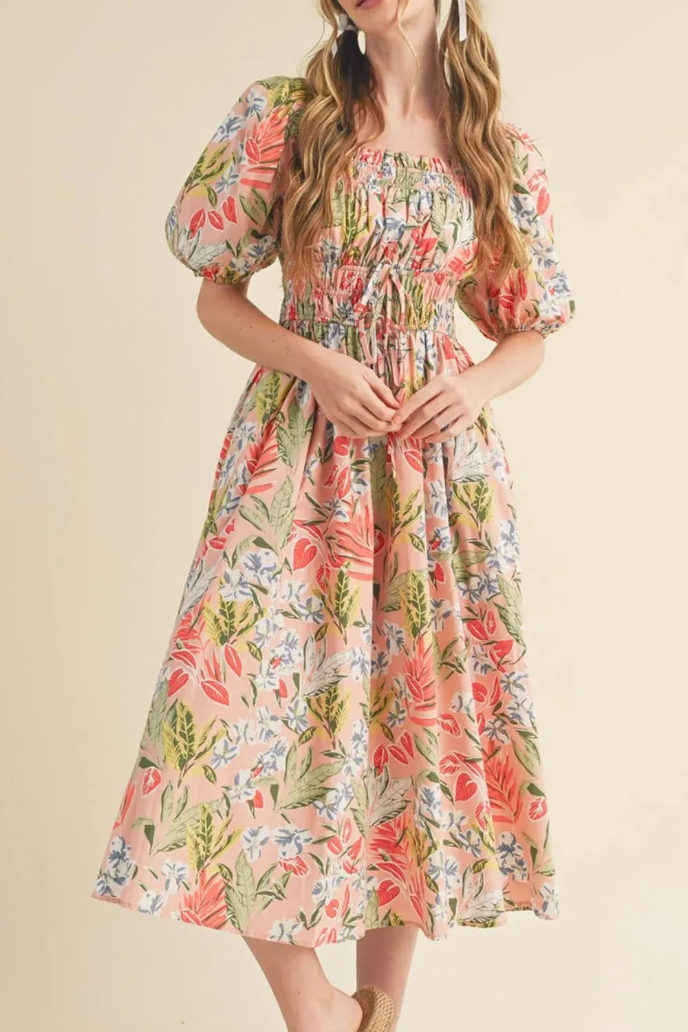 Floral Smocked Square Neck Puff Short Sleeve Midi Dress - -