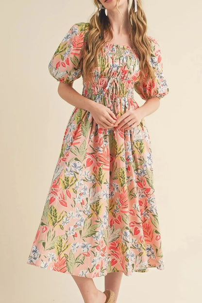 Floral Smocked Square Neck Puff Short Sleeve Midi Dress - -