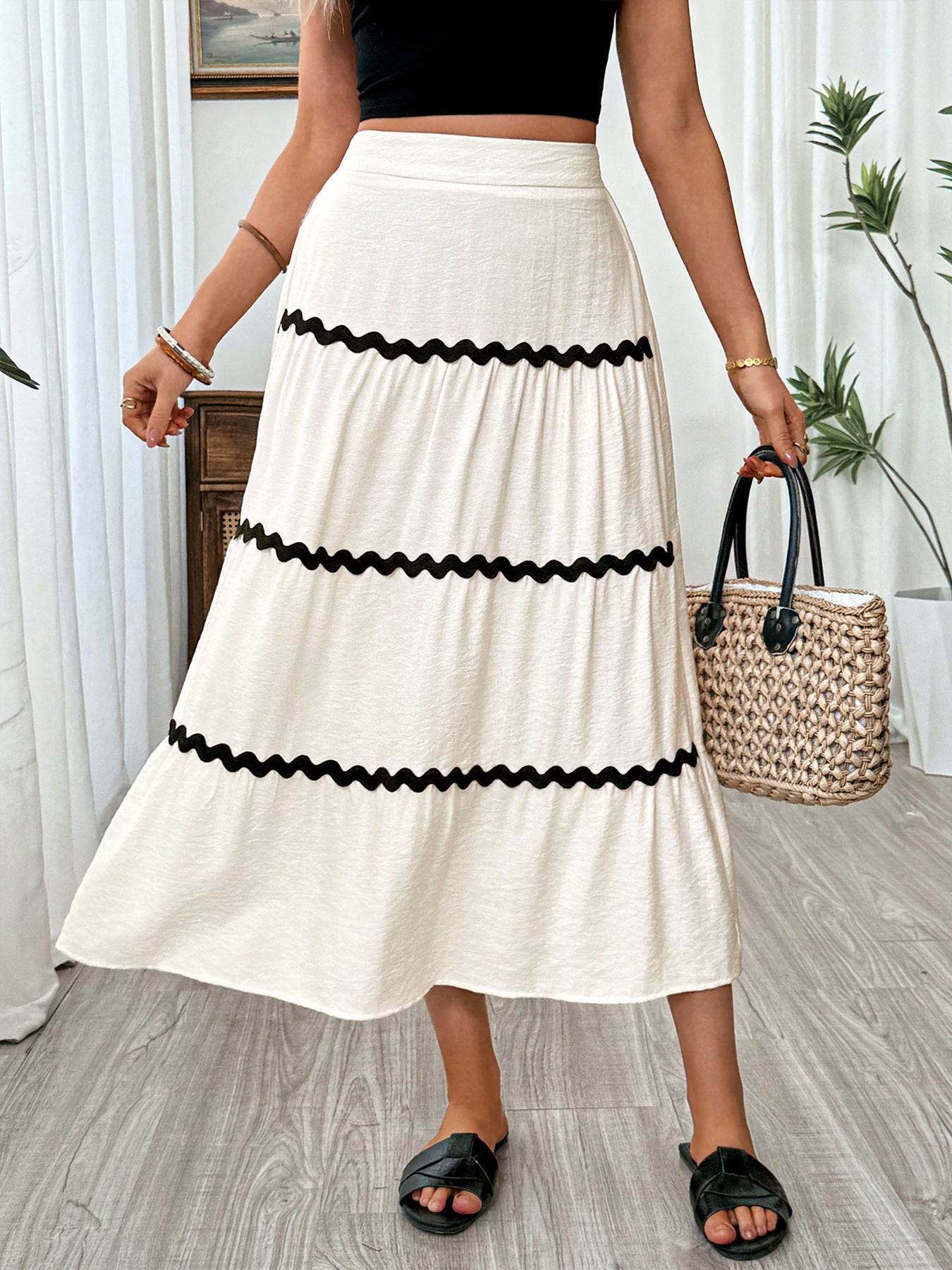Tiered Flowy Midi Skirt - Beige -