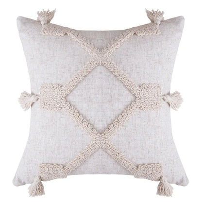 Handmade Boho Macrame Knit Tassel Embroidered Pillow Case Tufting Cushion Cover light beige white