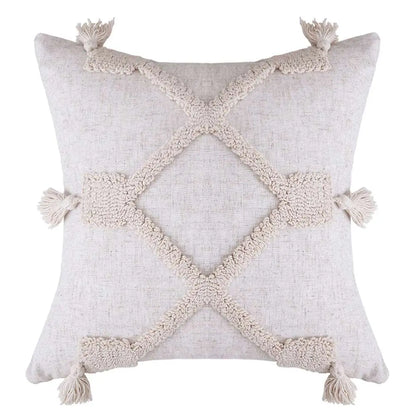 Cotton Macrame Pillow Case Woven Tufted Throw Pillow Cover With Tassel light beige white