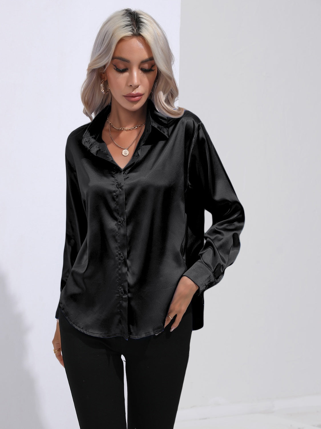 Collared Neck Buttoned Long Sleeve Shirt - -