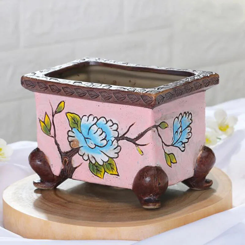 Korean-Style Hand-Painted Floral Ceramic Pot – Succulent & Bonsai Planter - - Planter