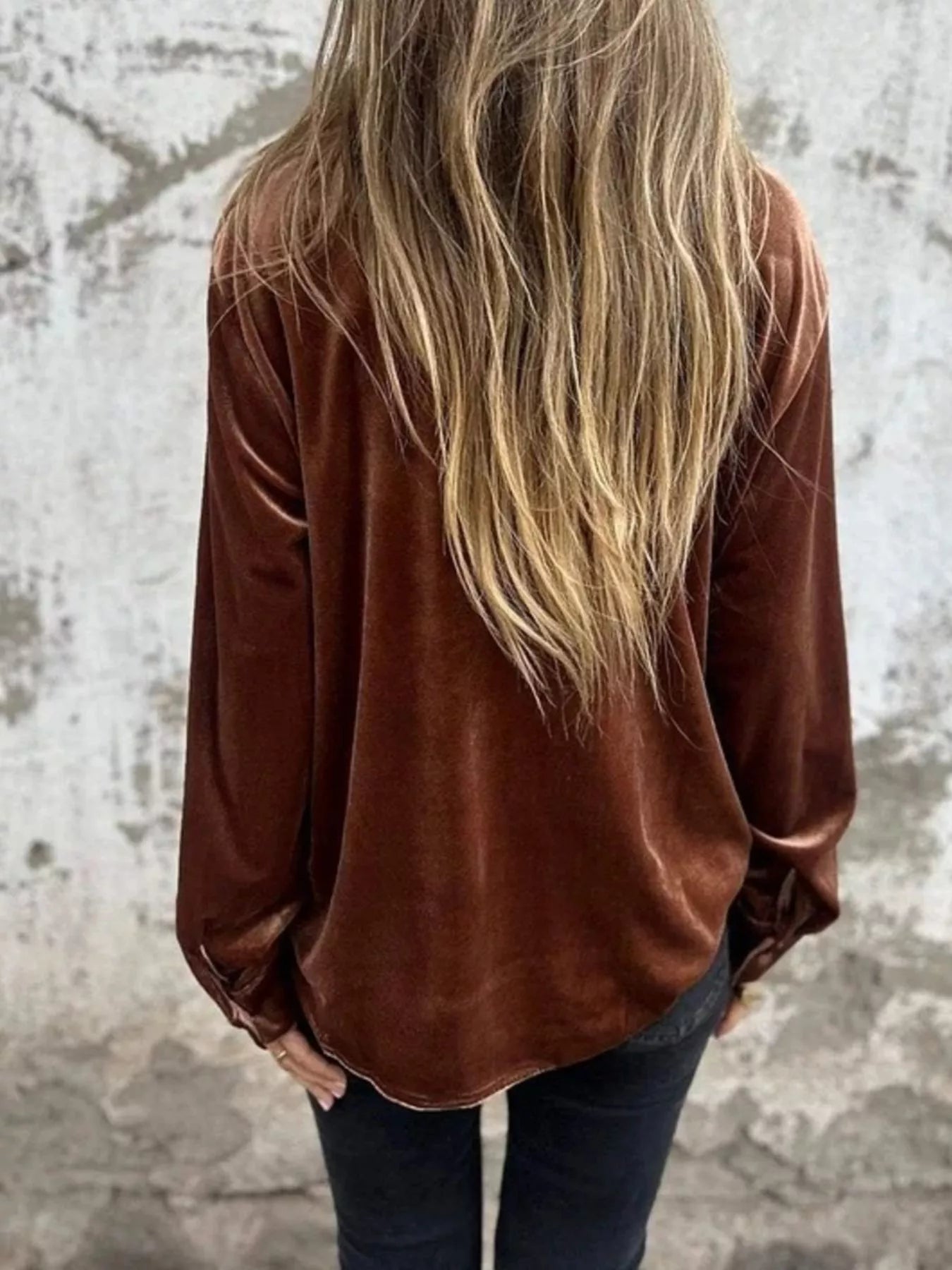 Full Size Velvet Button-Up Long Sleeve Shirt Plus Size - -