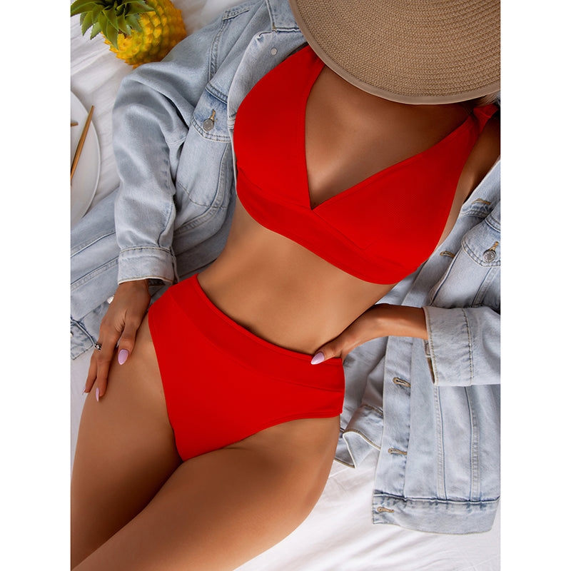 Ribbed High Waist V-Neck Bikini Push Up Bathing Suit