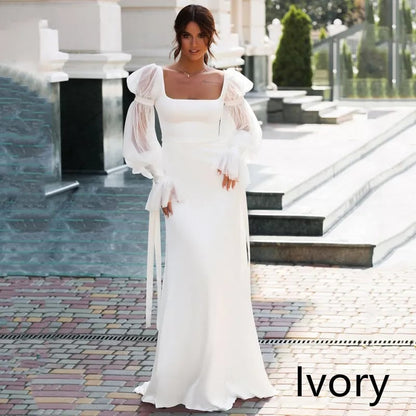 Chic Satin Mermaid Bridal Gown with Puff Sleeves - Ivory Size16 - dress