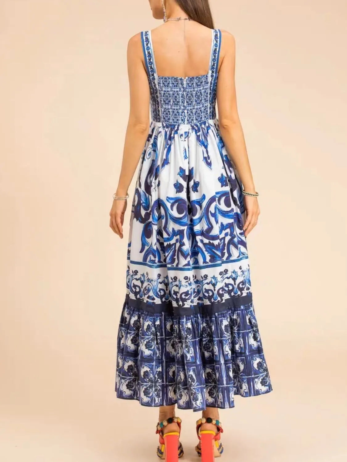 Smocked Printed Wide Strap Dress - -
