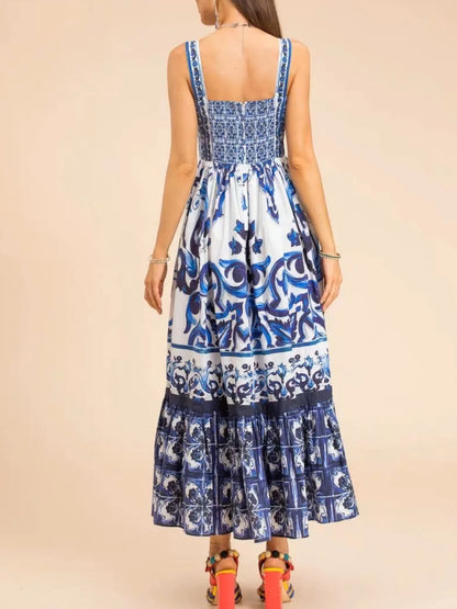 Smocked Printed Wide Strap Dress - -
