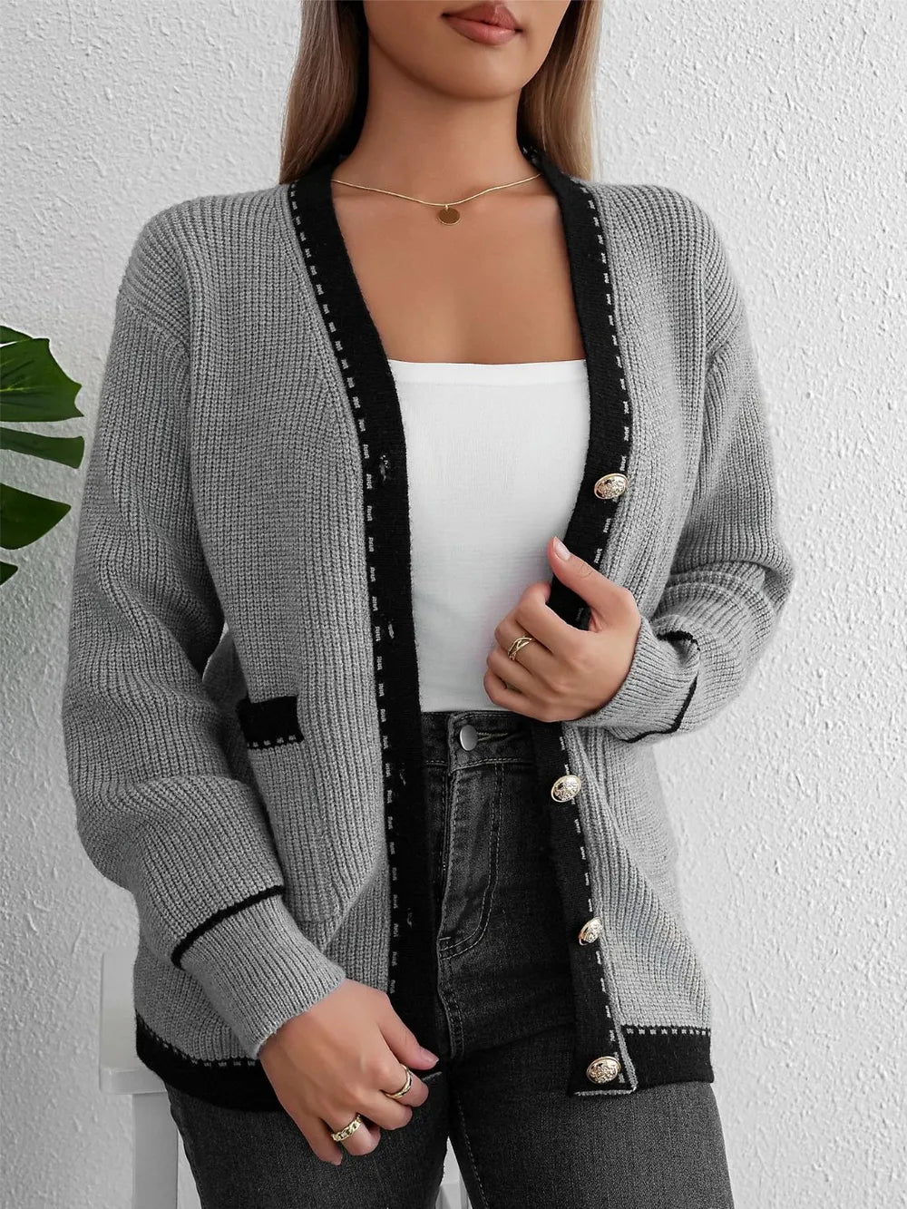 Contrast Trim Button Up Long Sleeve Cardigan - -