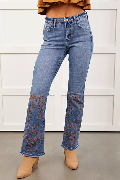 Embroidered Flare Leg Jeans - -