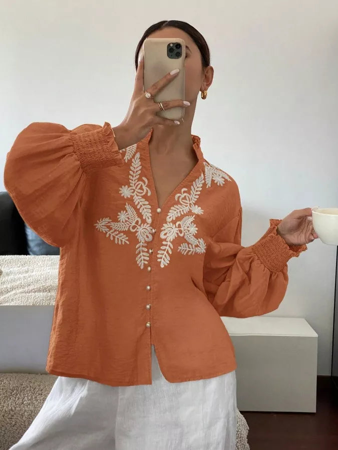 Embroidered Notched Long Sleeve Blouse - -