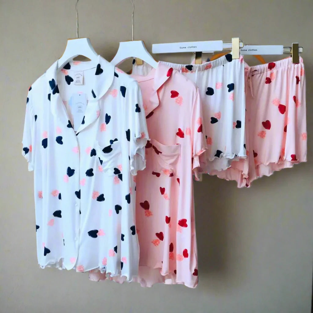 Cotton Fabric Pajamas Short Sleeve Two Piece Set Sleepwear Woman