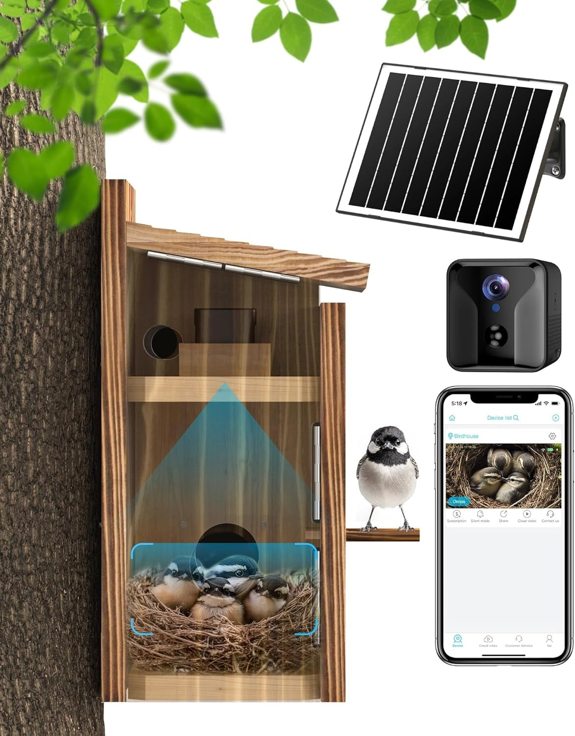 Bird House Camera Solar WiFi 2K HD Smart Birdhouse Motion Detection - Solar Powered Medium - Birdhouses