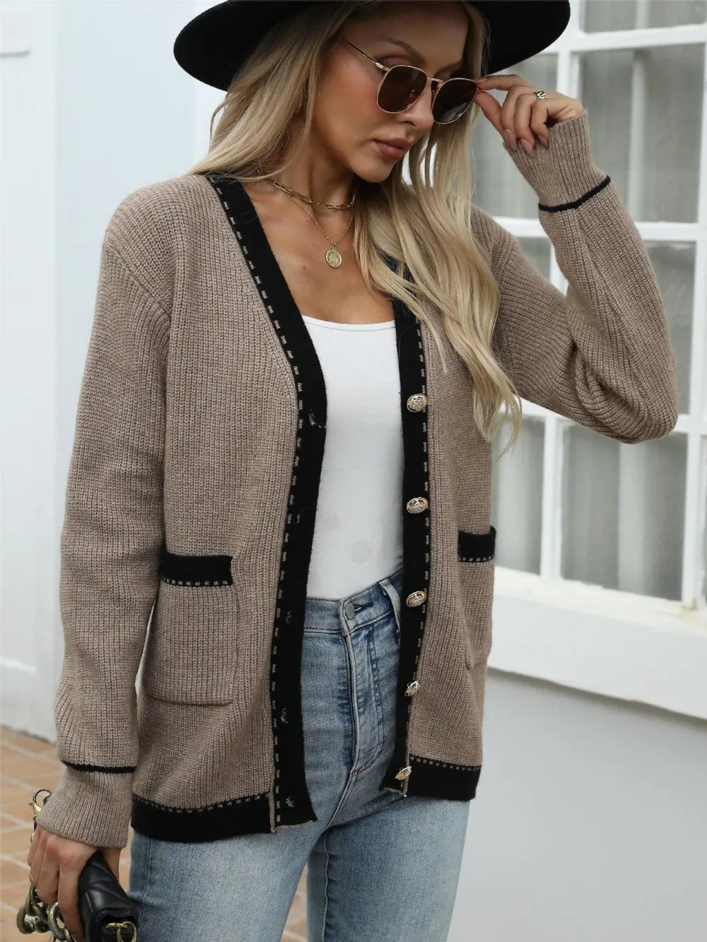 Contrast Trim Button Up Long Sleeve Cardigan - -