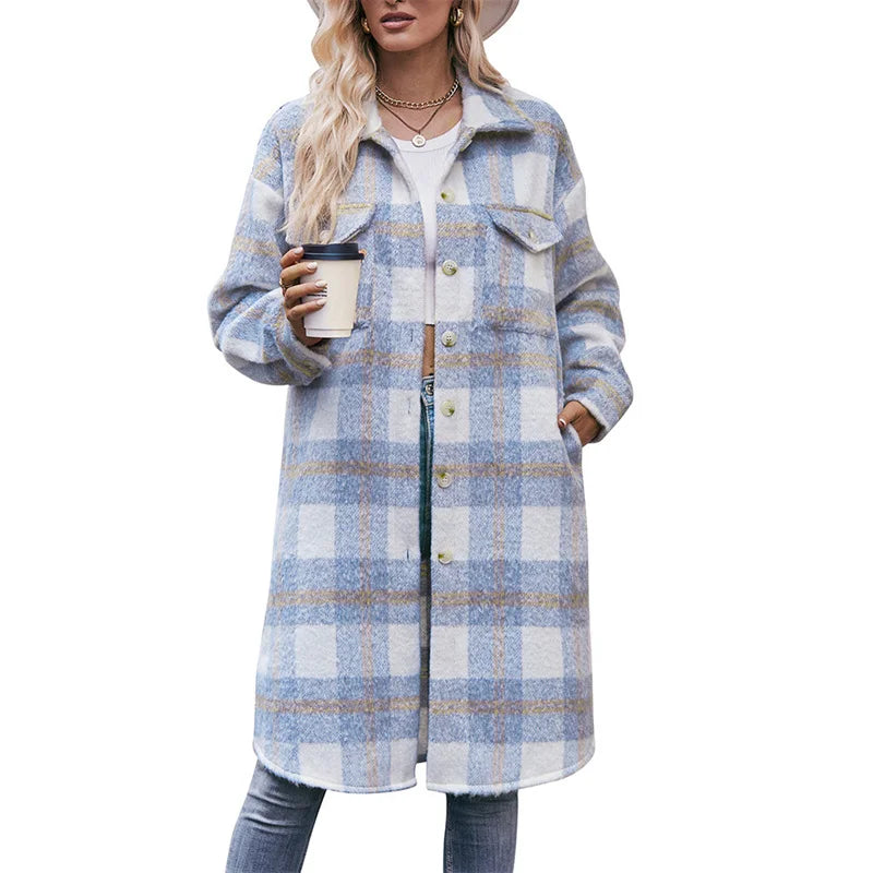 Long Jacket Women's New Pocket Plaid Long Coat Loose Mohair Long Plaid Coat Pink