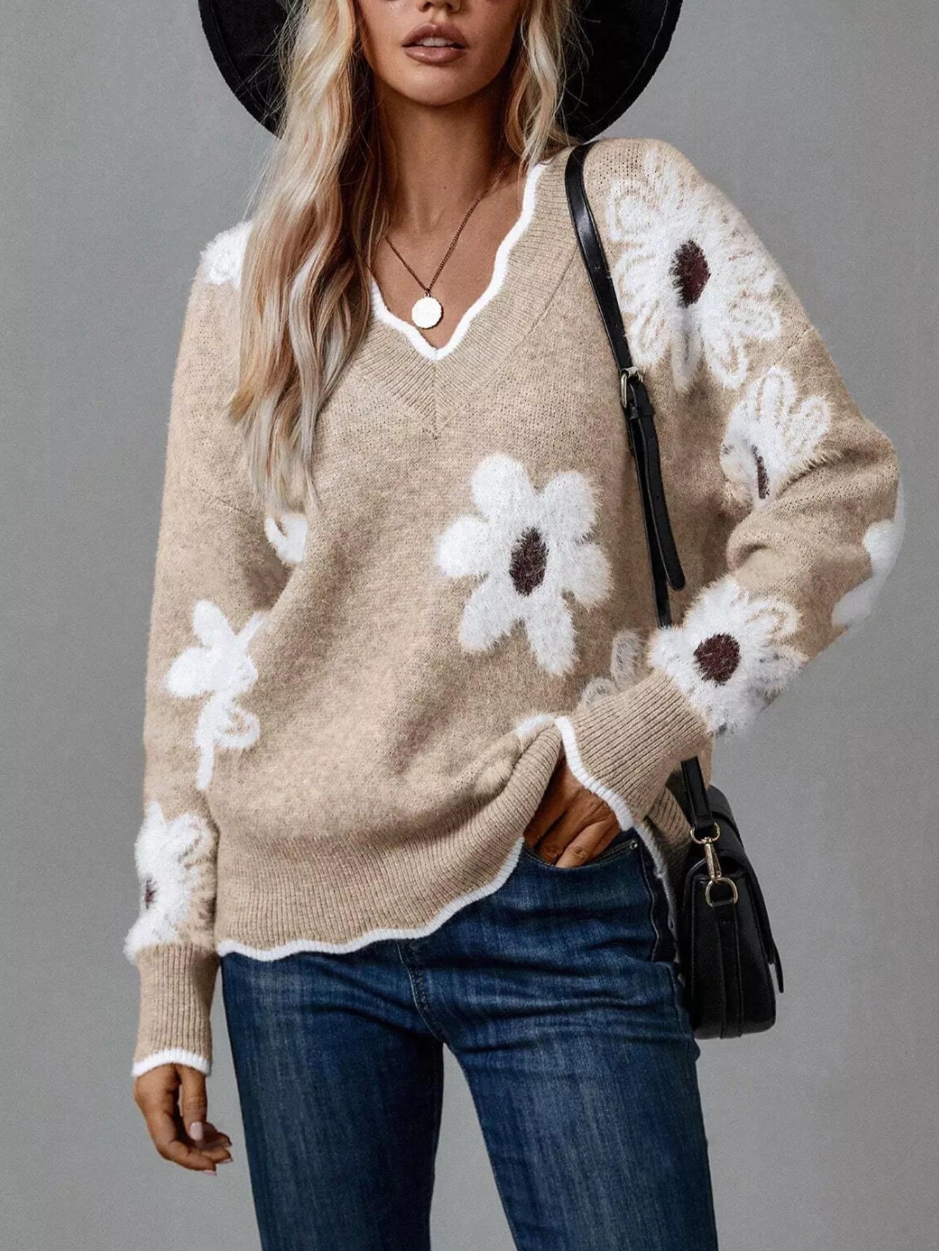 Floral V-Neck Long Sleeve Sweater - -
