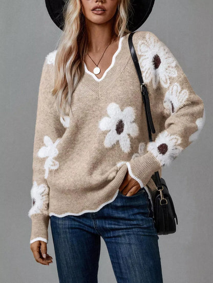 Floral V-Neck Long Sleeve Sweater - -