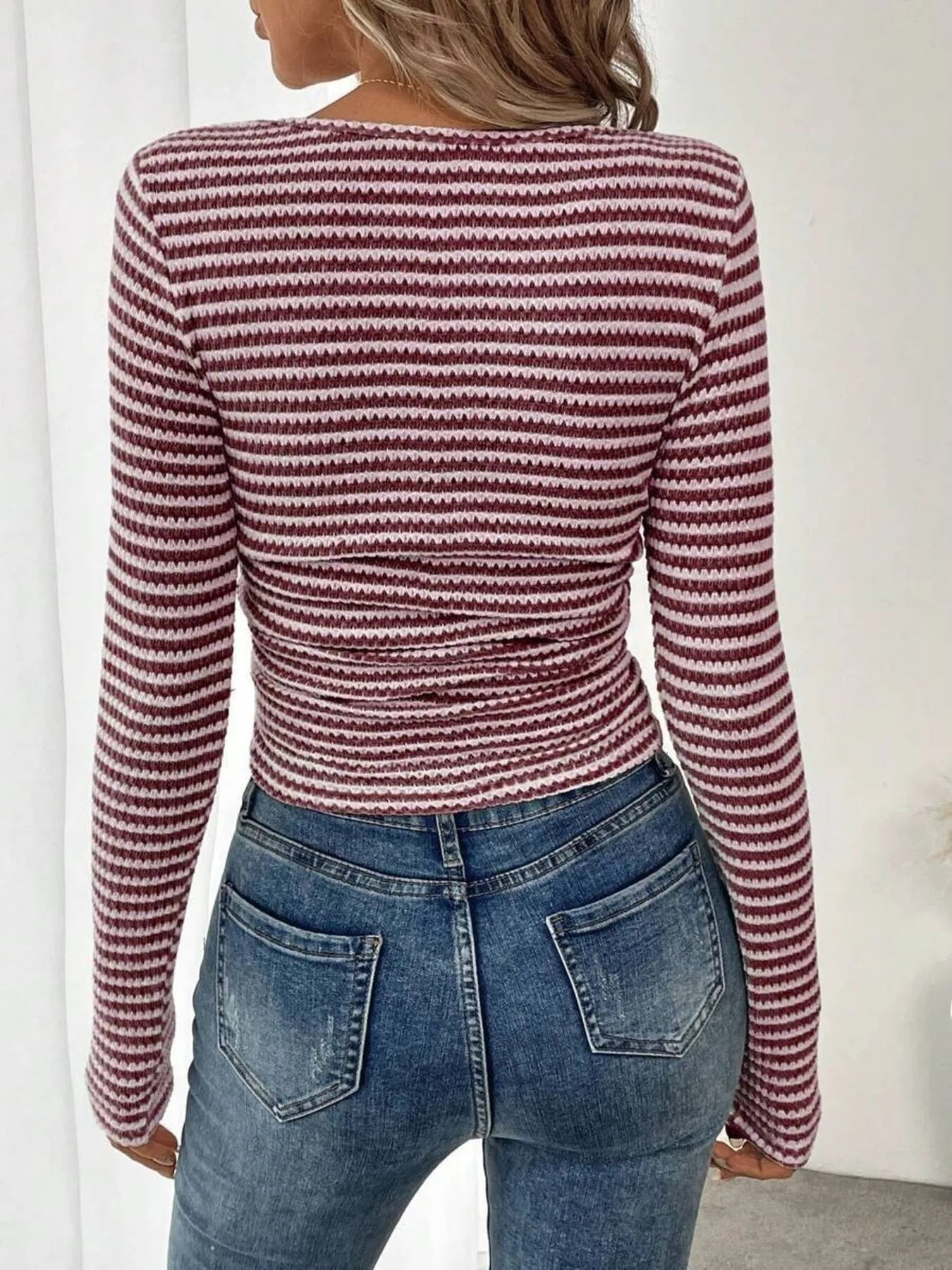 Striped Square Neck Long Sleeve T-Shirt - -