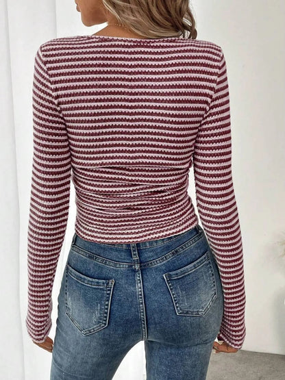 Striped Square Neck Long Sleeve T-Shirt - -