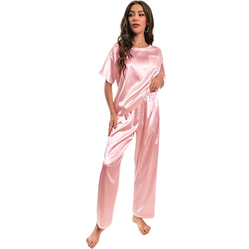 Satin Pajamas Set for Women 2Pcs Women Short Sleeve Shirt Long Pant With Pocket