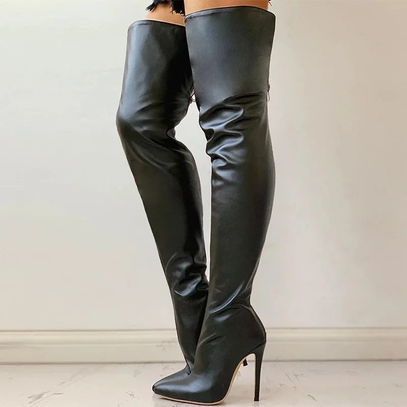 PDEP Ladies Knee High Boots Black Zip Up High Heel Boots for Women