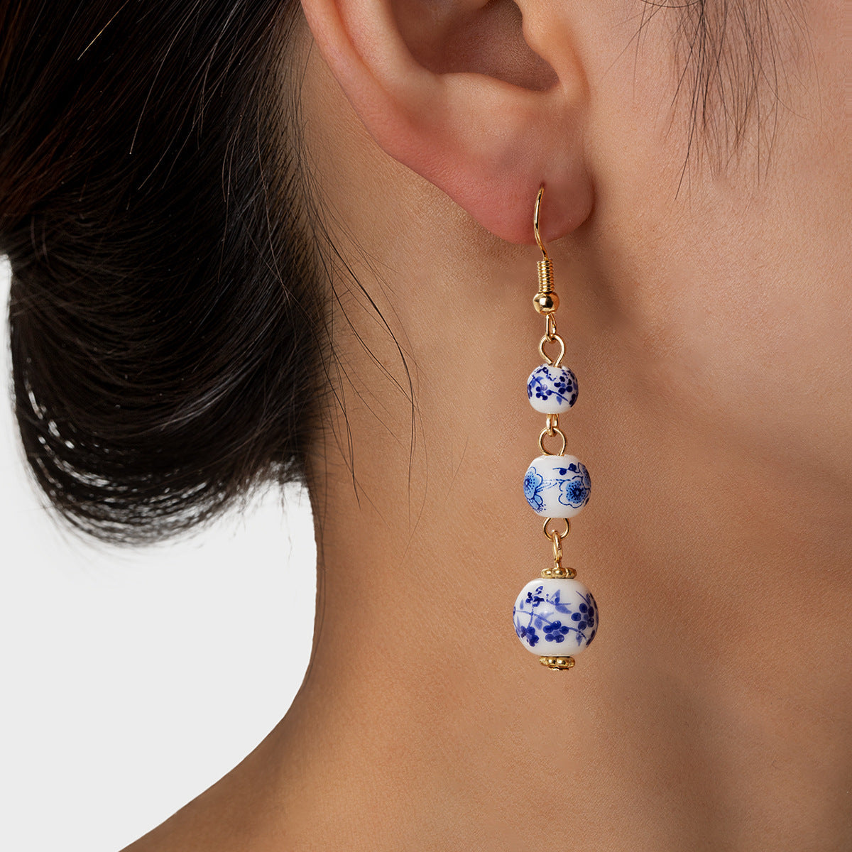 Blue and White Porcelain Bead Long Dangle Earrings - XY1783 - Earrings