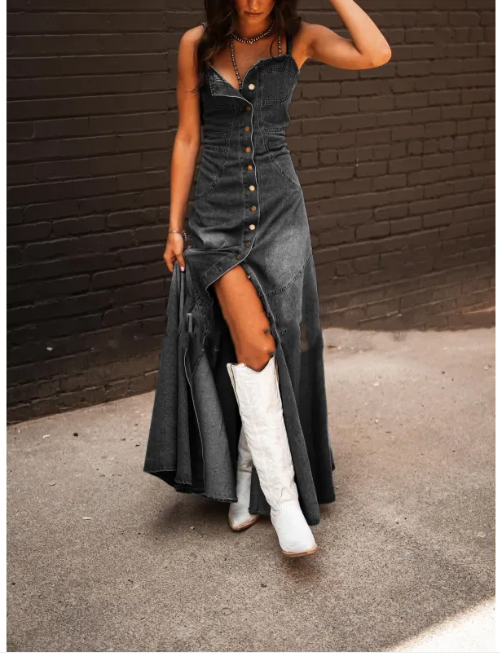 Retro Denim Swing Dress - Summer Collection - Gray And Black Medium - dress