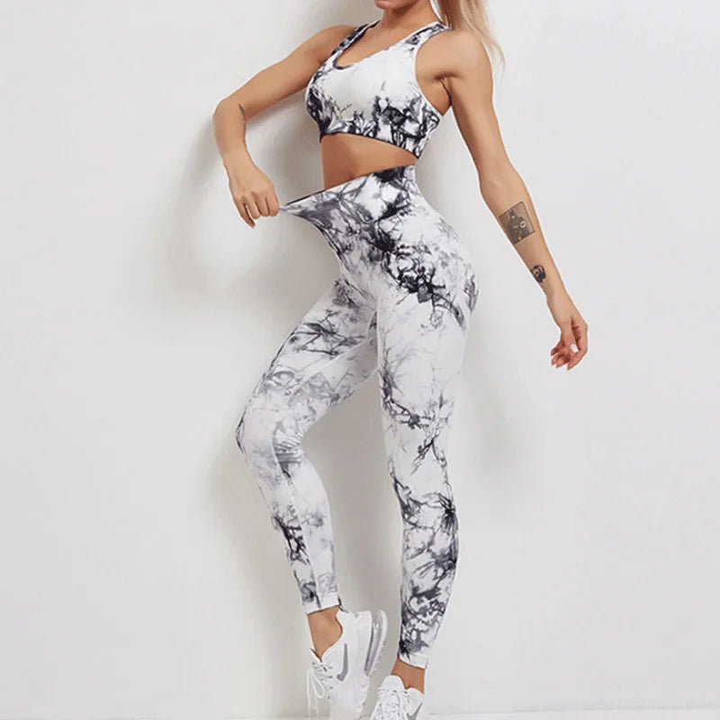 2 Piece Set Workout Clothing Seamless Tie Dye Exercise Running Fitness Set