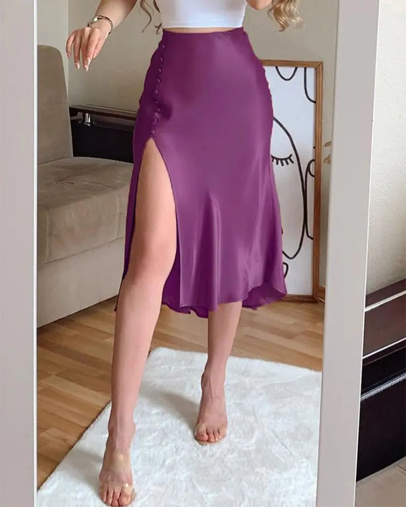 New Women's High Waist Polka Dot Slit Mid-Length Skirt