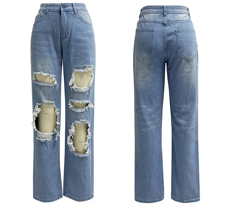 Women Casual Denim Long Pants Ladies Torn Jeans