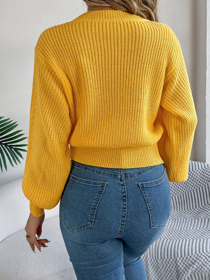 Cable Knit Diamond Pattern Long Sleeve Sweater - -