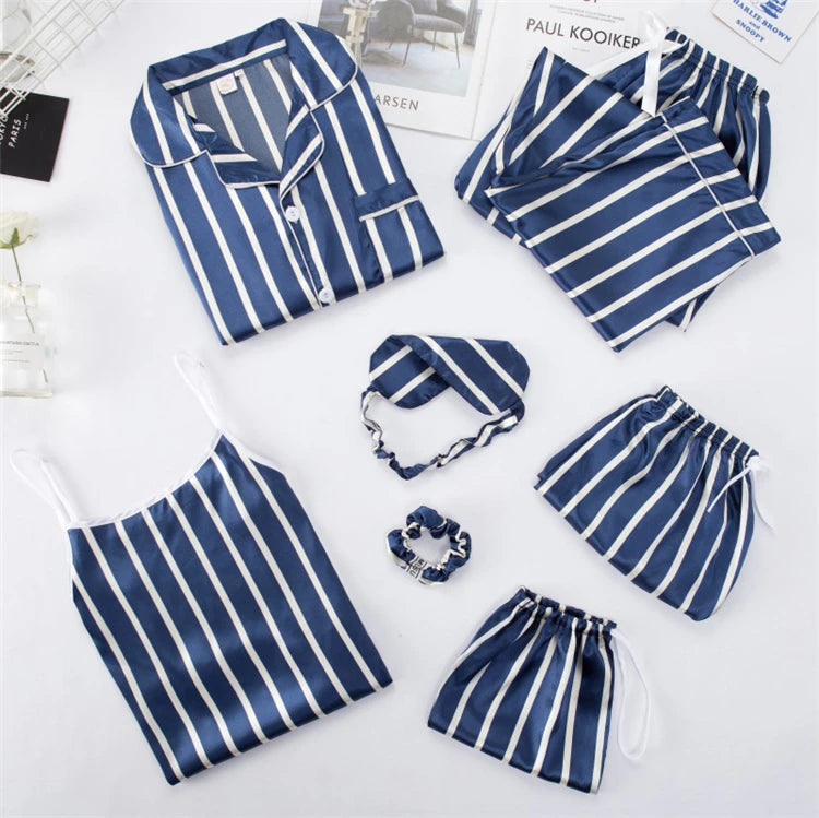 Fashion Stripe Printed 7 Pieces Set Women Silk Pajamas Long Sleeves Pajamas Set