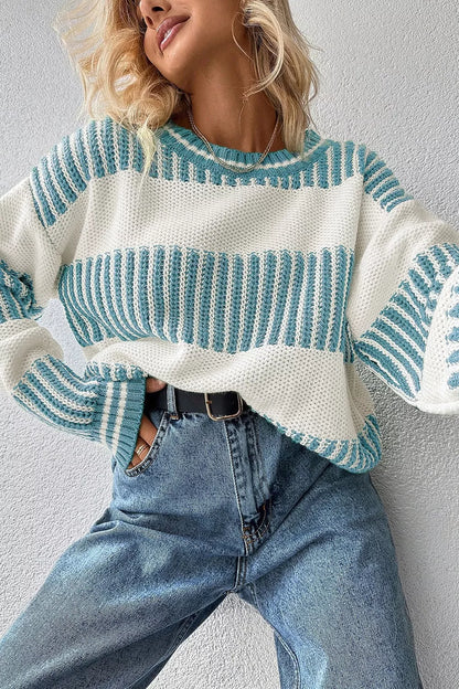 Two Tone Striped Patchwork Drop Shoulder Loose Sweater - -