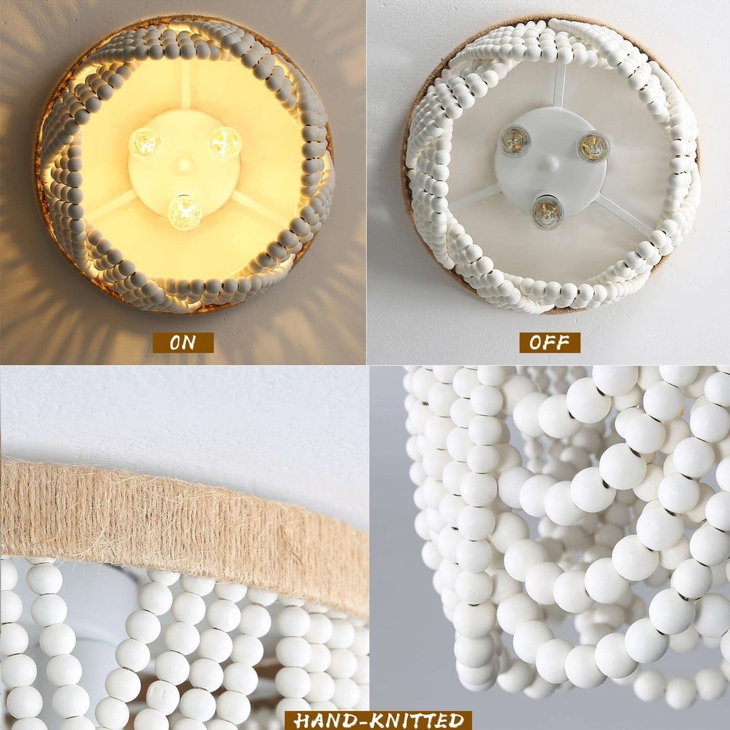 Three Light White Wood Bead Bohemian Chandelier Handmade - -