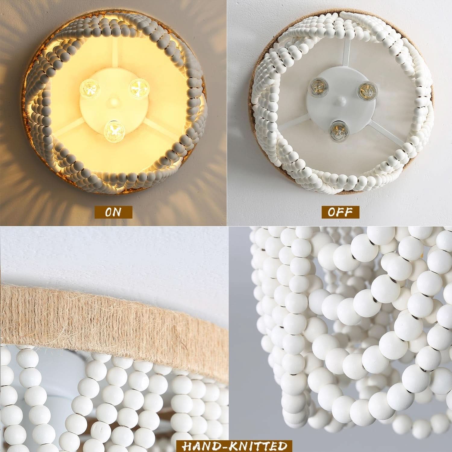 Three Light White Wood Bead Bohemian Chandelier Handmade - -