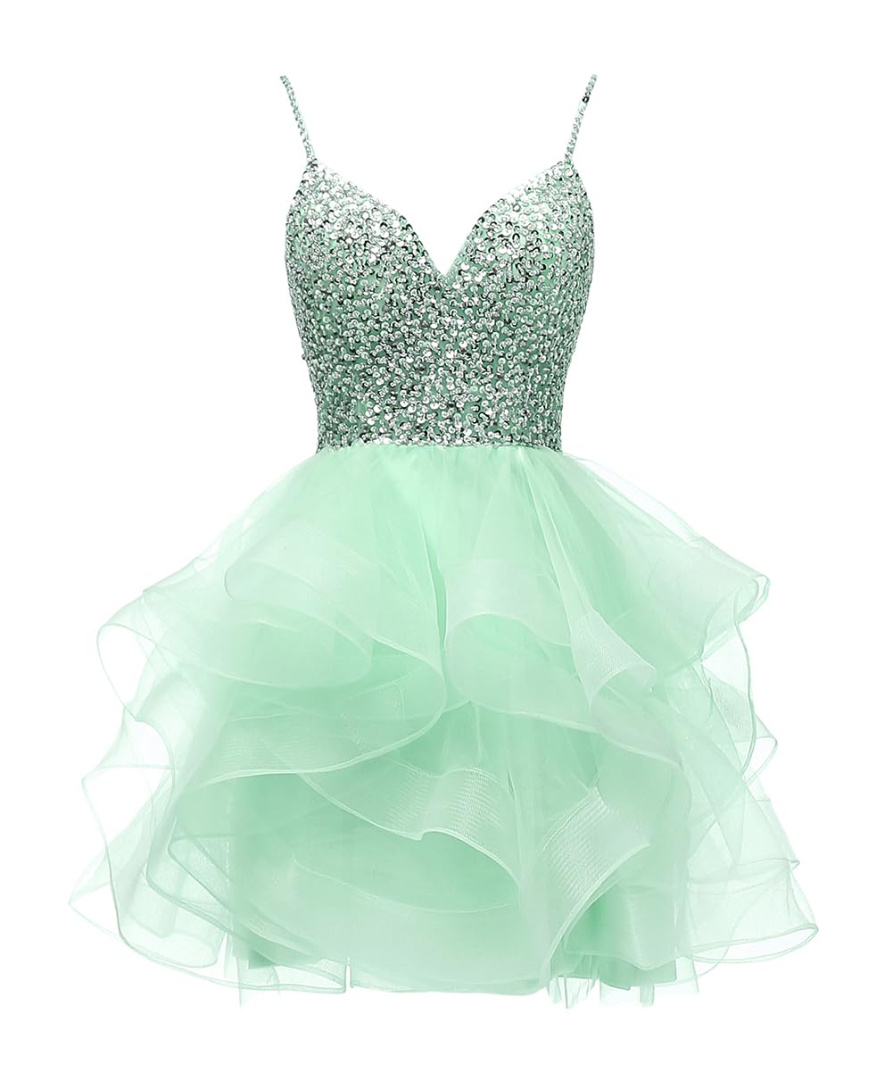 Tulle Beaded Short Prom Dress with Spaghetti Straps Light Green - - dress